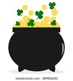 cartoon pot of gold with shamrocks vector illustration isolated on white background