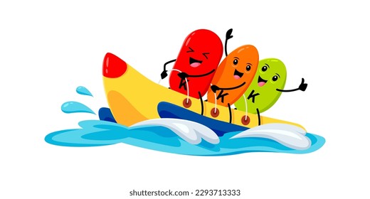 Cartoon potassium, kalium micronutrient characters riding water banana boat on summer beach vacation. Funny vector K capsule personages sitting on boat with cheerful emotions during holiday activity