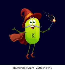 Cartoon potassium kalium micronutrient warlock character. Isolated vector K warlock funny food supplement. Nutrient or element bubble mage, capsule personage wear witch hat, cape holding wand in hand