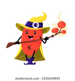 Cartoon potassium kalium mineral micronutrient warlock character. Isolated vector K funny food supplement pill. Nutrient or element bubble mage, capsule personage wear witch hat, cape holding staff