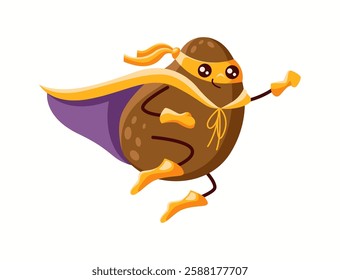 Cartoon potato character in superhero outfit with golden mask, gloves, and boots. The cute flying vegetable hero in a purple cape, running fast with a determined look.