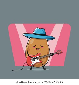 A cartoon potato character wearing a blue hat, playing a red electric guitar with a stage backdrop.
