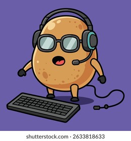 A cartoon potato character wearing glasses and a headset, ready to game with a keyboard.