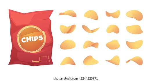 Cartoon potato chips. Salty french fries vegetarian snack, fast food fried appetizer package with crunchy crisps flat style. Vector isolated set of food potato pattern illustration