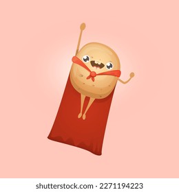 Cartoon potato clip art. vector cartoon cute flying super hero potato with red hero cape isolated on white background. Superhero vegetable potato kawaii food funky character fly in sky