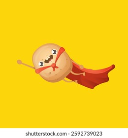 Cartoon potato clip art. vector cartoon cute flying super hero potato with red hero cape isolated on yellow background. Superhero vegetable potato kawaii food funky character fly in sky