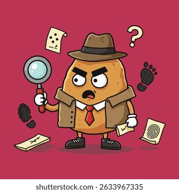 A cartoon potato detective with a magnifying glass, wearing a trench coat and fedora, surrounded by clues.