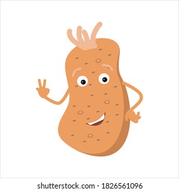 Cartoon potato with eyes, mouth and hands on a white isolated background.Flat illustration of funny vegetables.