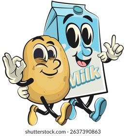 cartoon potato mascot and milk carton character walking together, funny food duo vector illustration isolated on transparent background, work of hand drawn