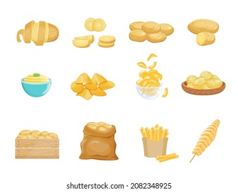 Cartoon potato product. Chips vegetable, food ingredients, bag box potatoes, vegan sslice, pancakes french fries snacks, cooked products, set isolated vector illustration. Potato snack chip delicious