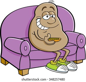 Cartoon potato sitting on a couch with a television remote control.