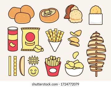 Cartoon potato snack cooking collection: baked, mashed, hash brown, chips, french fries, tornado potato fry. Traditional cooked potato icon vector illustration flat design drawing.