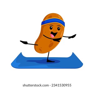 Cartoon potato vegetable character on yoga fitness sport. Isolated vector raw tuber stand on mat in yogi asana promoting healthy lifestyle and mindfulness, whimsical food personage wellness workout
