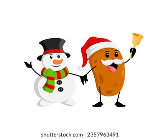 Cartoon potato vegetable character and snowman with jingle bell. Christmas greeting, happy New Year winter holiday or merry Xmas isolated vector cute potato veggie and snowman personages