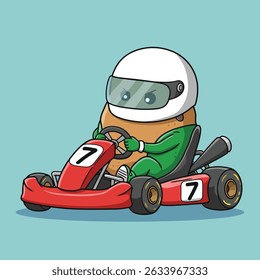 A cartoon potato wearing a racing helmet and suit, driving a red go-kart with the number seven on it.