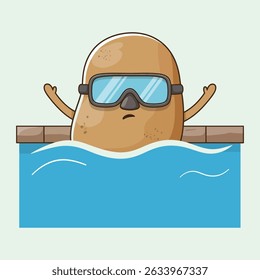 A cartoon potato wearing swimming goggles is in the pool, arms raised, with a neutral expression.