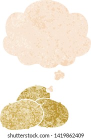 cartoon potatoes with thought bubble in grunge distressed retro textured style