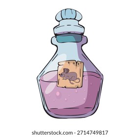 Botella de la poción de la historieta con una etiqueta del ratón y líquido rosado dentro