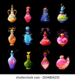 Cartoon potion bottles. Love elixir, magic spell or poison in glass bubble. Witch, sorcerer or wizard potion, fairy drink, flask with mysterious, glowing and boiling liquid, mushroom, heart and smoke