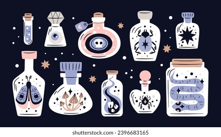 Botellas de poción de dibujos animados. Elixirs mágicos en diferentes frascos. Ingredientes alquimistas o brujos. Venenos de brujería. Hongos y animales en viales. Química de hechiceros. Garish