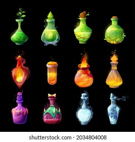 Cartoon potion bottles, magic spells and elixirs glass bubbles. Life, death or plant grow, fire and frosting potions with plant leaves, skull, flame and ice. Fantasy game vector UI, GUI interface icon