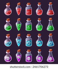 Cartoon potion bottles. Magical elixir vials with life heart, power lightning, defense shield and skull icons isolated vector illustration set of elixir magic potion alchemy