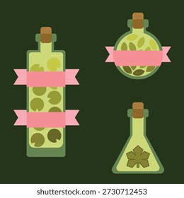 Cartoon potion bottles set with green leaves