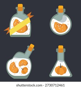 Botellas de poción de dibujos animados con rodajas de calabaza naranja