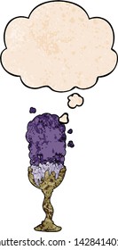 cartoon potion goblet with thought bubble in grunge texture style