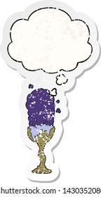 goblet de poción de dibujos animados con burbuja de pensamiento como pegatina gastada angustiada