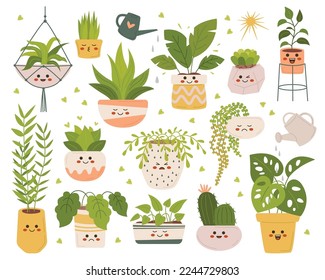 Cartoon pots with green and fading houseplant flat icons set. Tropical plant for interior decor. Beautiful cactus
