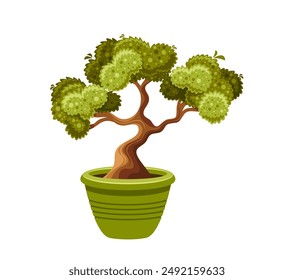 Cartoon Potted Bonsai Tree With Green Leaves And A Brown Trunk Isolated On White Background, Vector Illustration