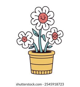 Cartoon potted flower icon. Funny psychedelic 70s hippie daisy flowers, 60s potted flower symbol flat vector illustration. Retro hippie flower badge