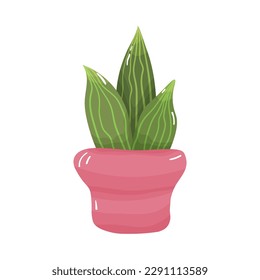 Cartoon potted houseplant - cute green cactus with spikes in a pink pot. Isolated on white background.