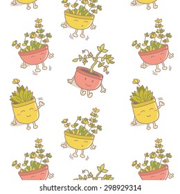 Cartoon potted plant. Hand drawn vector illustration. Seamless pattern
