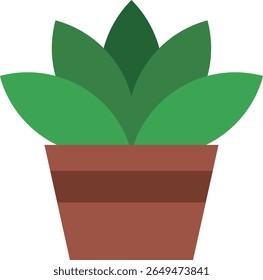 Cartoon potted plant with six green leaves in a brown-striped pot, illustrated in a flat, minimal style for eco, decor, or children’s nature-themed content.