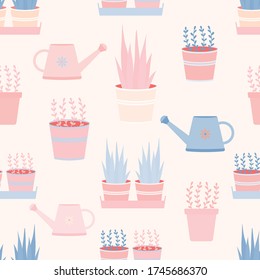Cartoon potted plants and watering cans seamless repeat vector pattern for wrapping paper,wallpaper,textile,fabrics.
