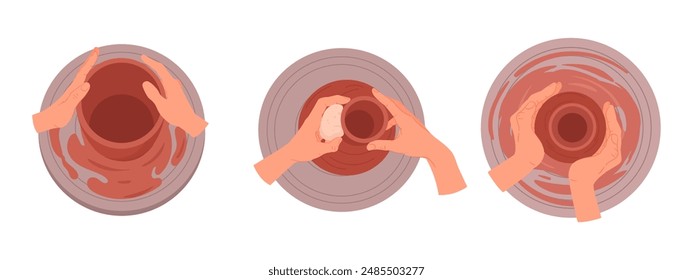 Cartoon potters hands. Ceramics studio potters hands top view, potter's wheel and ceramic modeling process flat vector illustration set. Handmade and hand crafting crockery