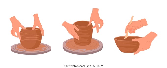 Cartoon pottery workshop process. Ceramic studio potters modeling clay vases flat vector illustration set. Potters hands making pots on pottery wheel