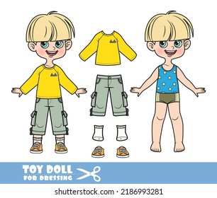 Cartoon pot-trimmed boy dressed and clothes separately - yellow T-shirt with long sleeve, shorts and orange sneakers doll for dressing 