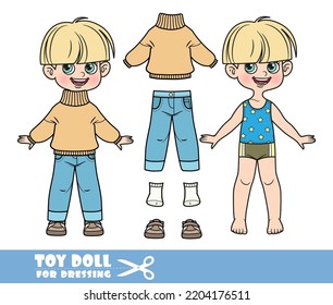 Cartoon pot-trimmed boy dressed and clothes separately - wool sweater, jeans and demi-season boots doll for dressing