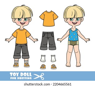 Cartoon pot-trimmed boy dressed and clothes separately - orange T-shirt, black long shorts and orange sneakers doll for dressing