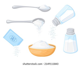 Cartoon Pouring Salt. Spoonful Glass Saltshaker, Sodium Foods Condiments Bottle Salty Shaker Pour White Salted Crystal Powder Sugar Season Salting, Vector Illustration. Saltshaker And Salt Bottle