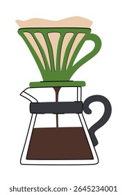 Cartoon pour-over coffee dripper with paper filter. Isolated on white background. Coffee element.