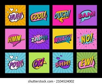 Cartoon pow bubbles vector set isolated on black background. Pop art or comic design.