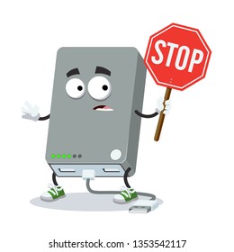 cartoon power bank with cord mascot with tablet stop in hand on white background