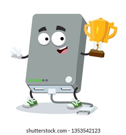 cartoon power bank with cord mascot holds the number one cup on white background
