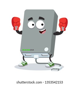 cartoon power bank with cord mascot in red boxing gloves on white background