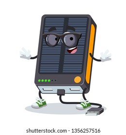 cartoon power bank with solar battery character mascot in black sunglasses on a white background