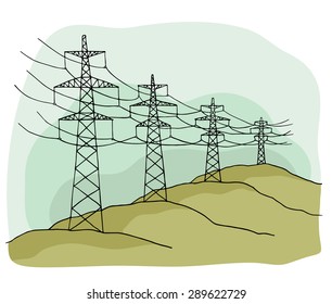 Cartoon power lines delivering energy standing in a row. Sketch  high voltage electric power transmission on land. Hand drawn colored vector illustration  isolated on white.